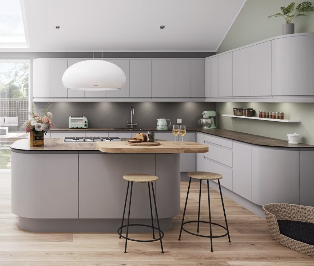 Contemporary kitchen with curved gray cabinets